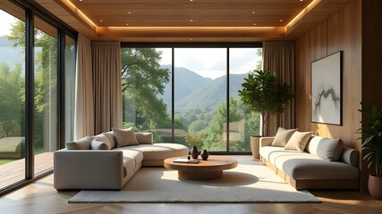 Interior of a modern glass smart house built among nature, in the forest.