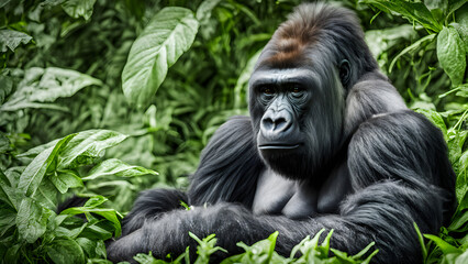Fototapeta premium Gorilla sitting peacefully in lush greenery, Ai Generated