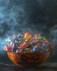 A Spooky Halloween Candy Bowl Overflowing with Colorful Treats Surrounded by Whimsical Fog, Perfect for Festive Celebrations and Autumn Gatherings