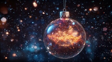 A 3D top-down view of a glowing, floating Christmas ornament made of holographic light, set against a dark, cosmic background filled with stars and nebulae. A large empty space is left for a holiday 