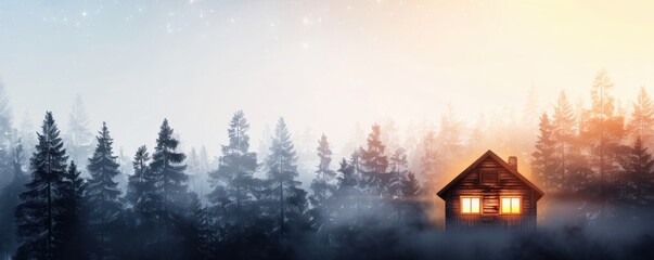 Fototapeta premium Cozy cabin in misty forest at dawn.