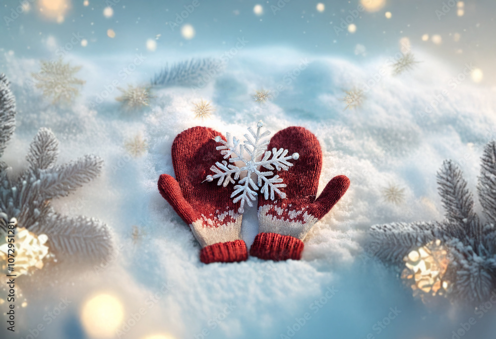 Poster red mittens lie in the snow with a white snowflake resting on top. twigs of pine and lights create a