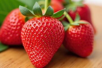 Fresh ripe strawberries on a wooden table with green leaves in the background