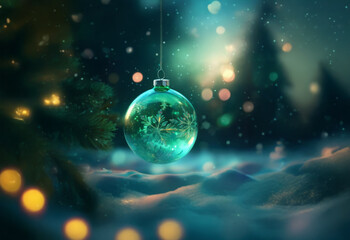 A single, teal Christmas ornament hangs from a tree branch in a snowy, winter forest. The ornament reflects the soft glow of lights, adding a magical touch to the scene.