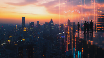 Fototapeta premium Abstract business team stands on the peak of success amid tall, innovative Smart city and graphs with statistics to analyze business potential and predict future developments in company growth.