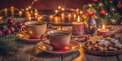 A warm and inviting holiday scene featuring a cozy cup of coffee, a plate of freshly baked cookies, and the soft glow of candles and Christmas lights.