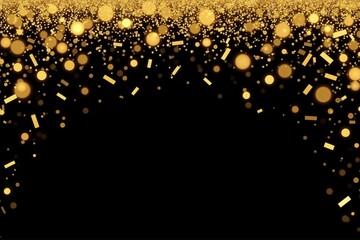 Glittering gold confetti and sparkling particles on black background