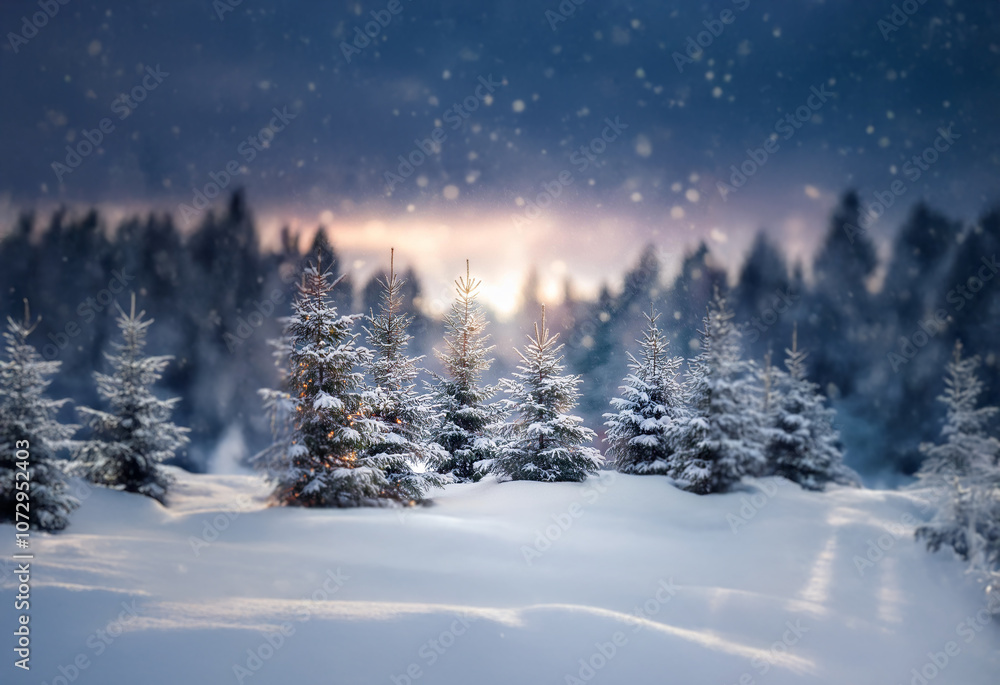 Poster a snowy forest scene with tall evergreen trees covered in frost, a soft glow emanating from behind t