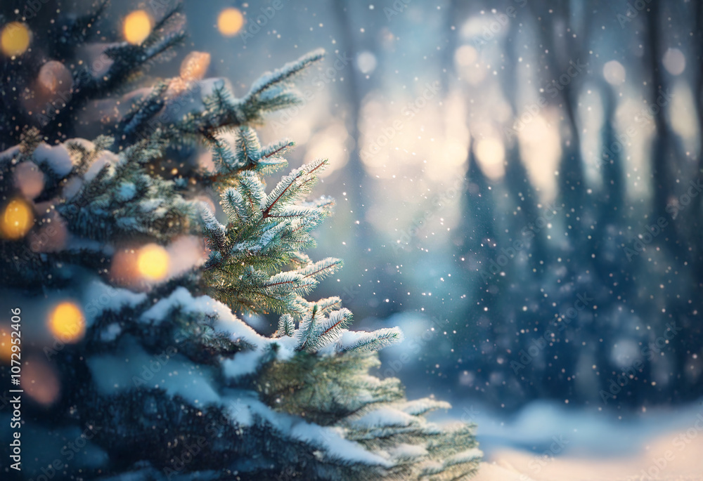 Poster a snowy evergreen tree branch with twinkling lights in the background, creating a magical winter sce
