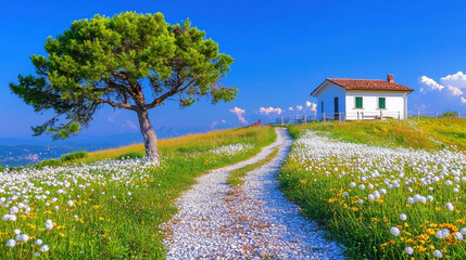 Obraz premium stunning view of serene countryside with lone tree and small house, surrounded by field of wildflowers under clear blue sky