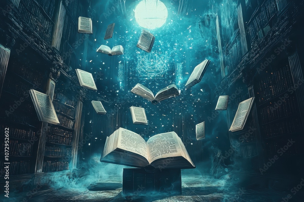 Poster enchanted library with floating books and magical light beams illuminating a mysterious fantasy worl