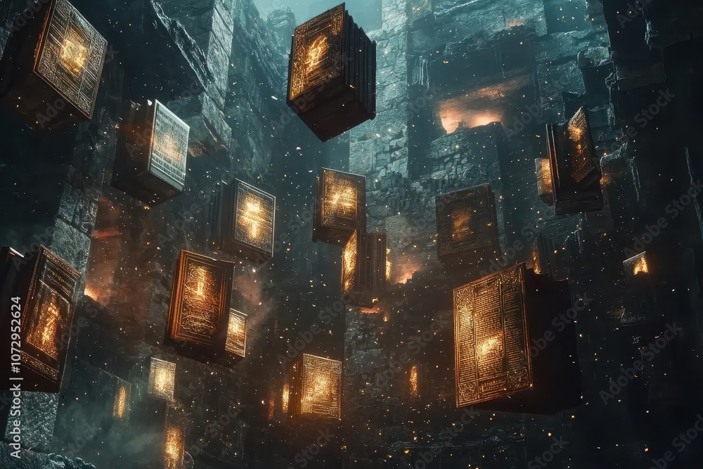 Poster enigmatic floating books surrounded by ancient stone structures illuminated by soft flickering flame