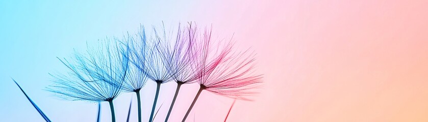 Dreamy Macro of Dandelion Seeds with Water Droplets and Soft Blue-Violet Gradient Background