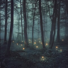 Fototapeta premium Enchanted Forest at Dusk with Glowing Orbs Illuminating the Path Through the Misty Wilderness for a Magical and Serene Atmosphere