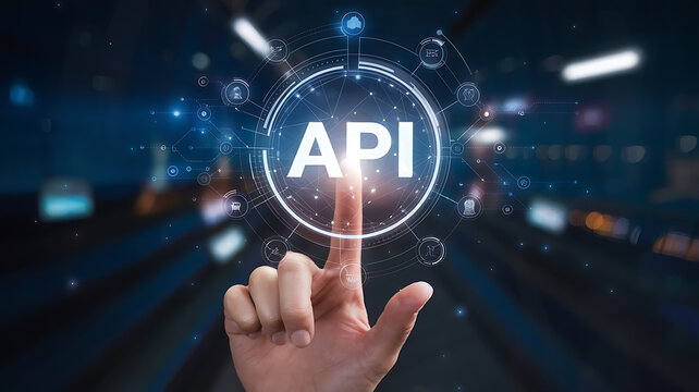 API application programming interface, a finger touch a hologram virtual interface that hologram of API, API integration, API development, JSON, API documentation, 