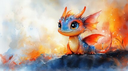 Cute Chubby Pet Dragon with Big Eyes: A Whimsical Watercolor Hand-Painted Delight