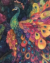 Fototapeta premium Vibrant, Colorful Peacock with Ornate Feathers Surrounded by Floral Patterns in an Abstract Background, Perfect for Art and Design Projects