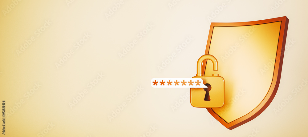 Aufkleber Lock and shield icon representing cybersecurity protection, with password input displayed on a light background. 3D Rendering