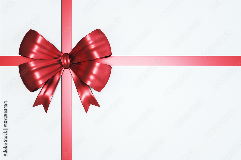 Poster closeup view of a present box with a red bow on top in a minimalistic design. 3d rendering
