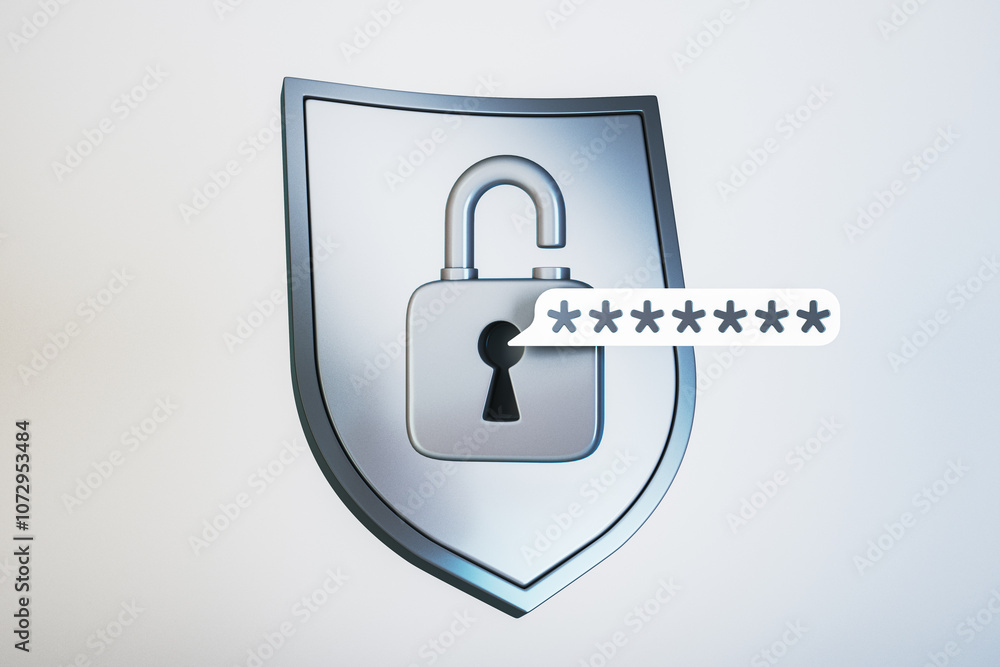 Poster Unlocked padlock and password asterisks on shield representing data protection and cybersecurity. 3D Rendering