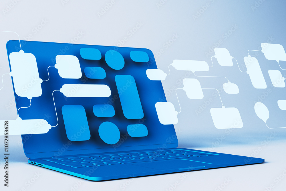 Aufkleber Abstract laptop with flowchart elements in blue tones. 3D Rendering