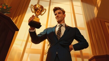 A triumphant businessman in a suit holds a golden trophy aloft, symbolizing his success and recognition as a top-performing employee