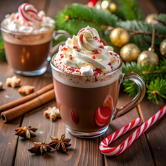 A cozy mug of hot cocoa, adorned with a candy cane