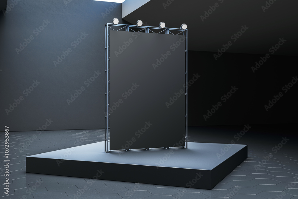 Poster Empty black display board on a raised platform with spotlights in a modern dark interior space. 3D Rendering