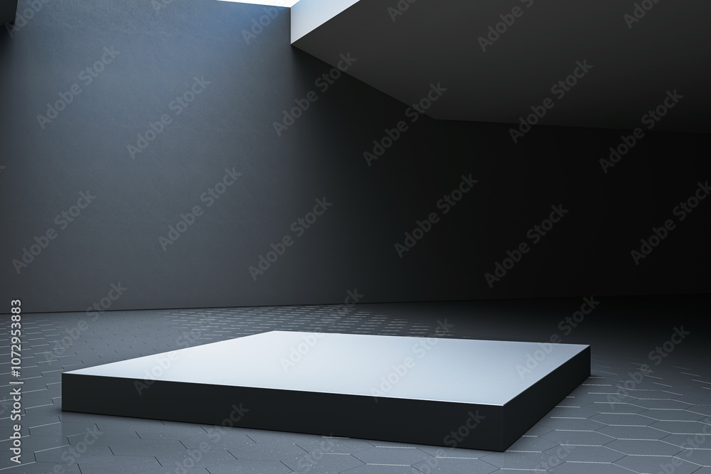 Poster Dark modern interior with a raised platform in the center under natural light from above, featuring hexagonal floor tiles. 3D Rendering