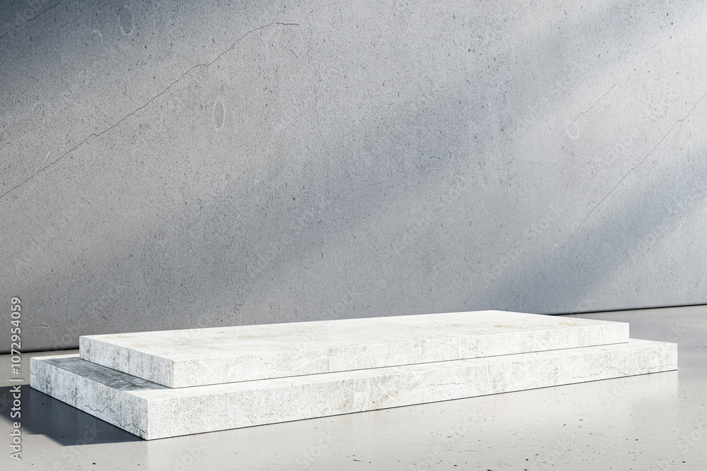 Poster Minimalist concrete podium with two rectangular platforms in a modern room with textured gray walls and floor. 3D Rendering