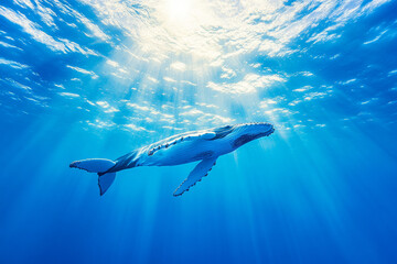 Fototapeta premium A realistic photograph of a blue sky with sun rays, a humpback whale swimming in the distance, shot from below, in a cinematic style. 