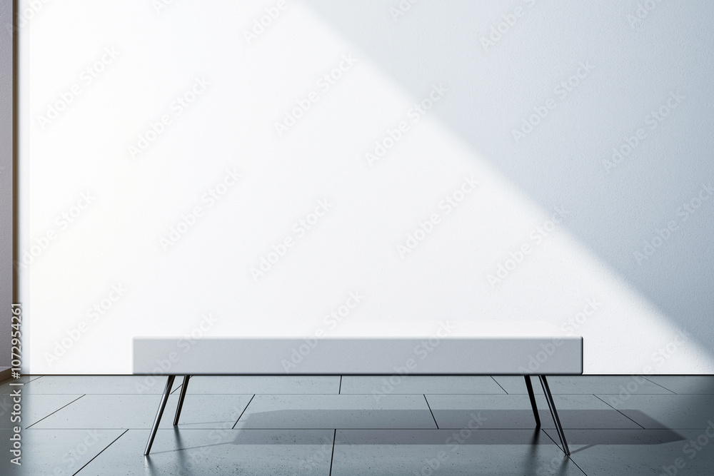 Poster minimalist bench in sunlit room corner. 3d rendering