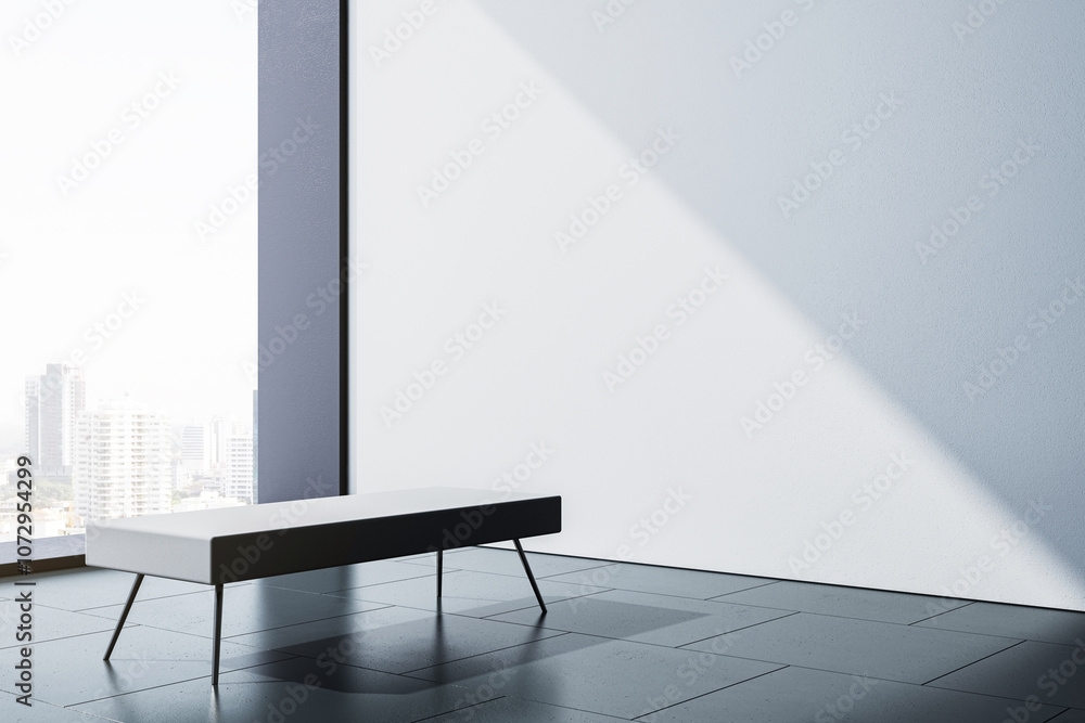 Poster modern bench in bright minimalist interior space with city skyline view. 3d rendering