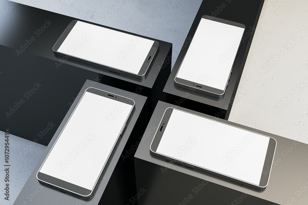 Poster Four smartphones with blank screens placed on dark rectangular platforms in a modern setting. 3D Rendering