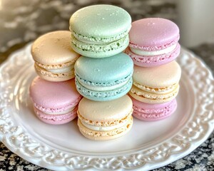Obraz premium Colorful Macarons Stacked Neatly on a Decorative Plate Displaying Delicate Pastry Treats in Pastel Shades for Culinary and Dessert Photography