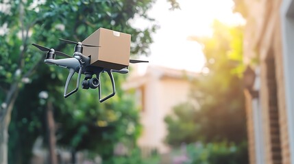 A drone delivering a package in a residential area surrounded by greenery.