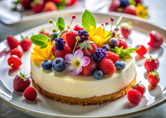 A Beautifully Decorated Cheesecake with Fresh Berries and Edible Flowers on a White Plate, Ideal for Food Photography, Culinary Art, and Dessert Presentation