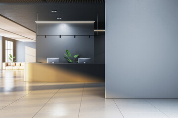 Modern office reception area with sleek desk, two computers, and natural light shining through windows. Minimalist design. 3D Rendering