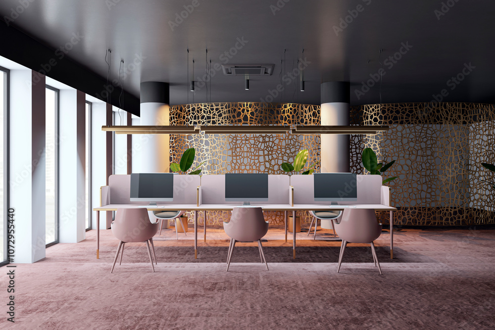 Poster modern office interior with desks and computers in a stylish workspace design. 3d rendering