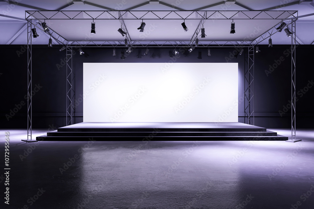 Aufkleber Modern Stage Setup with Truss and Lighting in Empty Hall. 3D Rendering