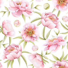 Watercolor pastel pink peony flowers with leaves and buds seamless pattern on white. Floral garden roses repeat background for spring wedding design, Womens Day greeting cards and girl stationery