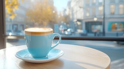 Obraz premium Enjoy a perfect morning coffee experience with beautiful latte art in a cozy cafe setting