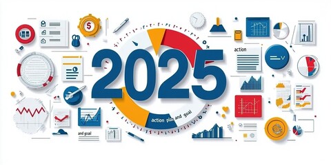 2025 Action Plan and Goal: A Visual Guide to Business Growth with Target Progress Levels, Icons, and Strategic Arrows