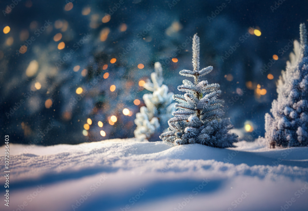Poster small fir trees dusted with snow stand in a snowy field with a blurred background of trees and twink
