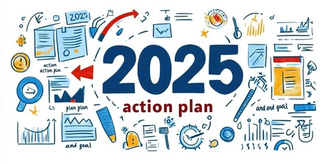 2025 Action Plan and Goal: A Visual Guide to Business Growth with Target Progress Levels, Icons, and Strategic Arrows