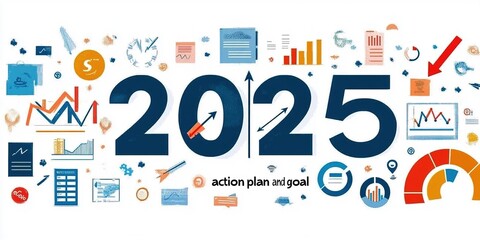 Fototapeta premium 2025 Action Plan and Goal: A Visual Guide to Business Growth with Target Progress Levels, Icons, and Strategic Arrows