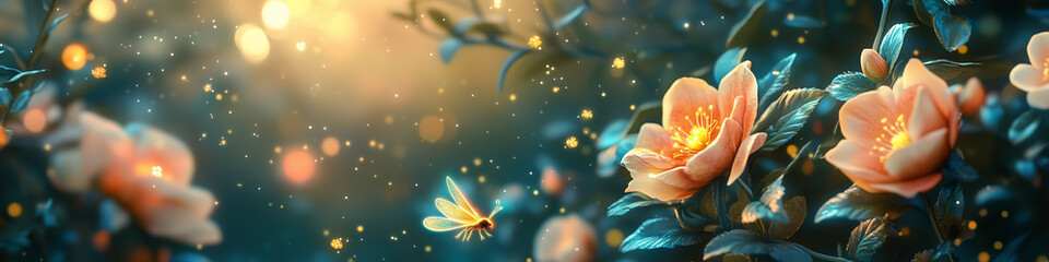 Artistic concept of a peaceful fantasy forest with flowers and luminous insects, pastel colors and soft hues, dreamy and gentle imagery.