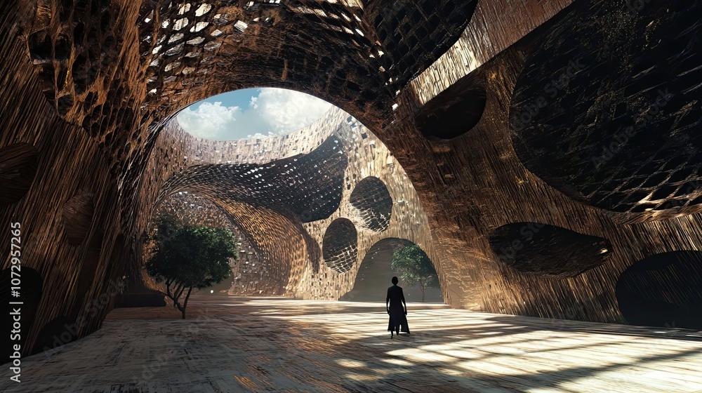 Poster a lone figure walks through a surreal cave-like structure with a skylight.