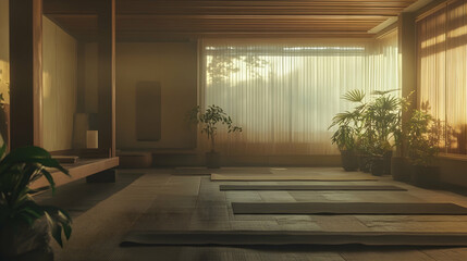Fototapeta premium A tranquil yoga studio with wooden floors, large windows, and a peaceful atmosphere, perfect for a relaxing practice.