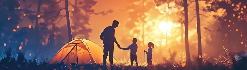 Fototapeta premium A family putting up a tent together, preparing for a night of camping